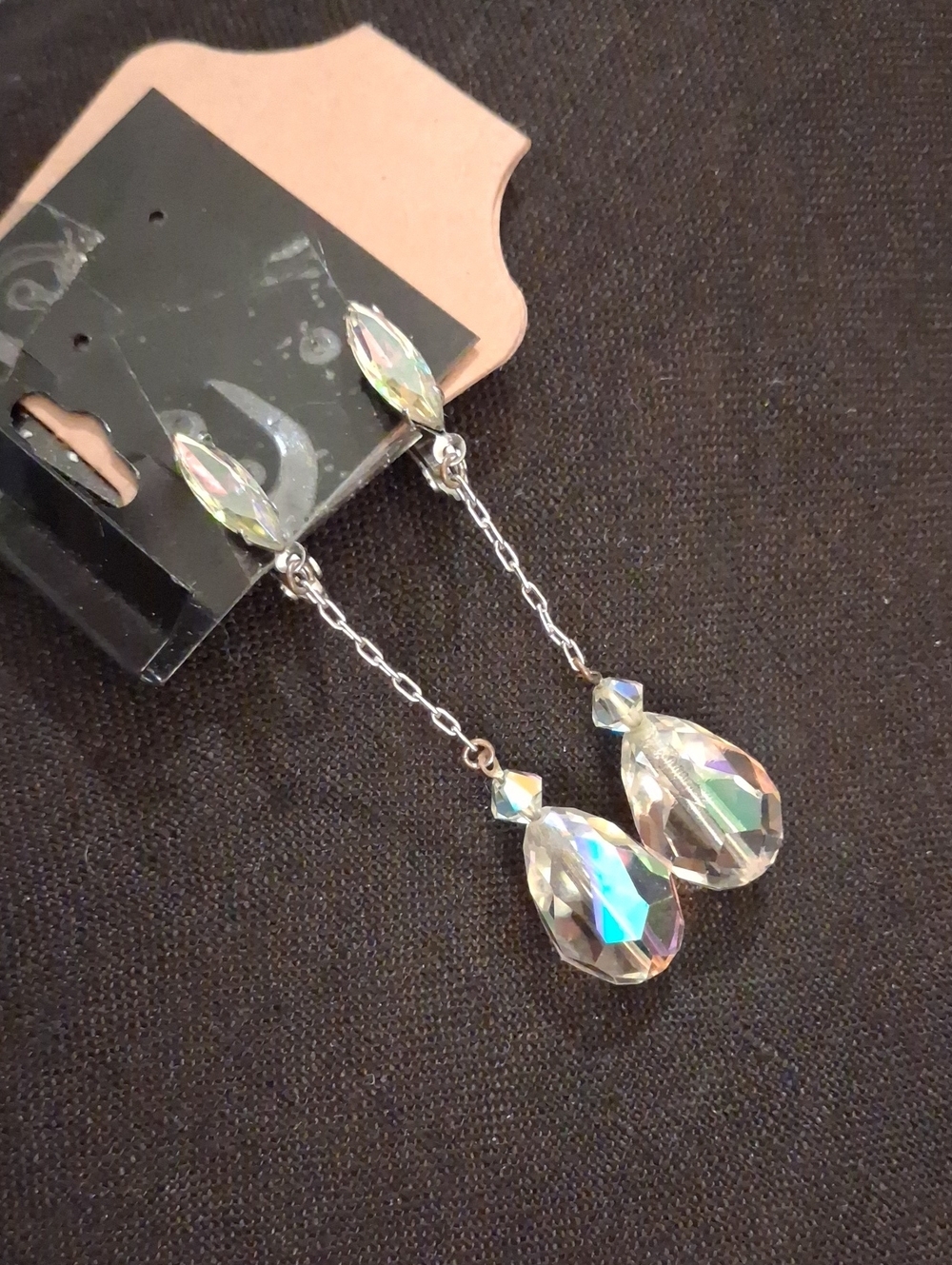 Vintage Clip Silver Crystal Dangle Earrings in Iridescent Clear - Picture 4 of 9